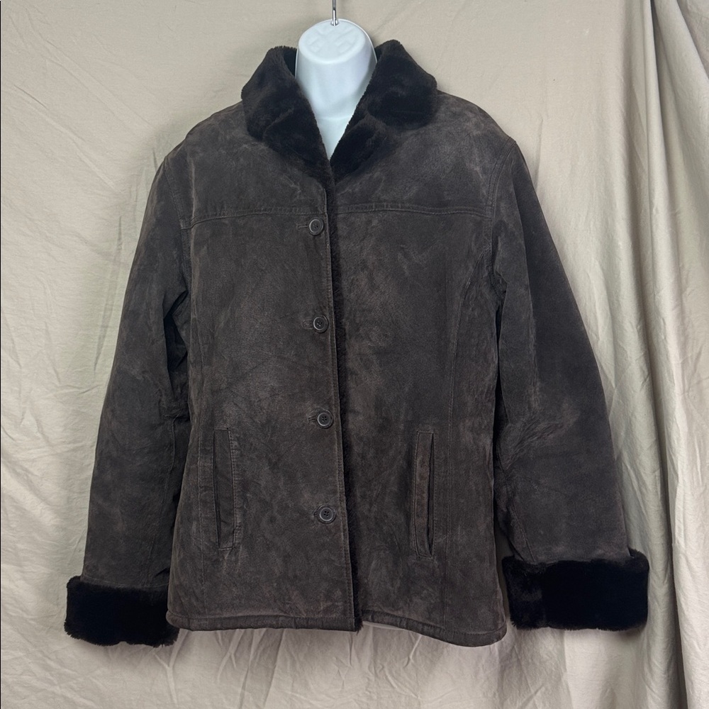 Adler collection suede leather jacket with faux fur trim size large